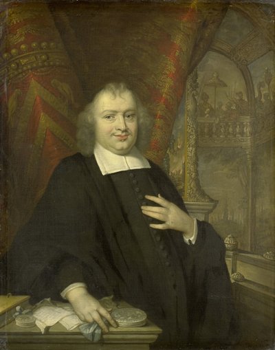 Porträtt av Gaspar Fagel, storpensionär av Holland efter 1672 i bakgrunden är möteshallen för Hollands stater på Binnenhof i Haag av Johannes Vollevens (I) (copy after)