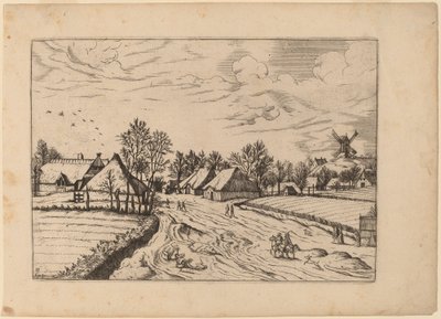 Country Village med Post Mill av Johannes and Lucas van Doetechum after Master of the Small Landscapes