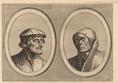 "Voorsichtighe Krijn" och "Broentje Spaer-pots" av Johannes and Lucas van Doetechum after Pieter Bruegel the Elder