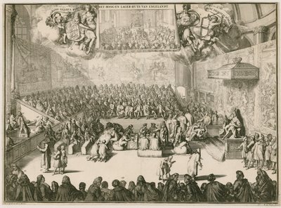 En session i underhuset med George II på tronen av Johannes and Mortier, Cornelis Covens