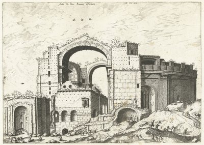 Gezicht op de Sint Pieter i Rom Deformation av Aedis D. Peter Romana (titel på objekt) Romerska ruiner, 1561 (serietitel) av Johannes of Lucas van Doetechum (attributed to)