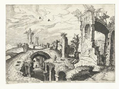 Vy över ruiner på Palatine Hill i Rom Romerska ruiner, 1561 (serietitel) av Johannes of Lucas van Doetechum (attributed to)