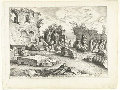 Trädgård med fragment av antika statyer Romerska ruiner, 1561 (serietitel) av Johannes of Lucas van Doetechum (attributed to)