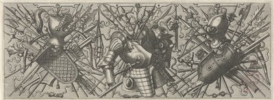 Frisisk med hjälm, en sköld och korsade stickvapen och korsbågar Panoplia Sev Armamentarium ... (serietitel) av Johannes of Lucas van Doetechum