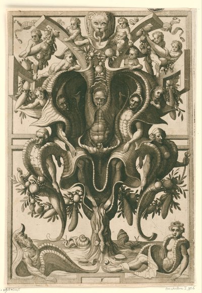 Skalliknande prydnad i vilken figurer sitter fängslade. Veelderleij Wisselinghe van grotissen ende Compertimenten (...)Libro Primo (serietitel) av Johannes of Lucas van Doetechum