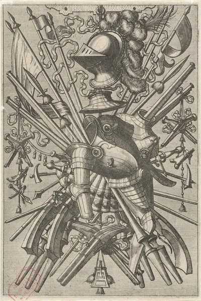 Ytdekoration, bestående av en vapentrofé Ytdekorationer och friser med troféer (serietitel) av Johannes of Lucas van Doetechum