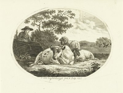 Ko, får och bagge på ängen och bonde lutad på staket av Johannes van Cuylenburgh