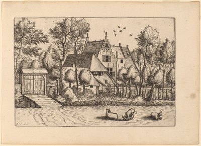 Hus på landet med dike av Johannes van Doetechum, the Elder and Lucas