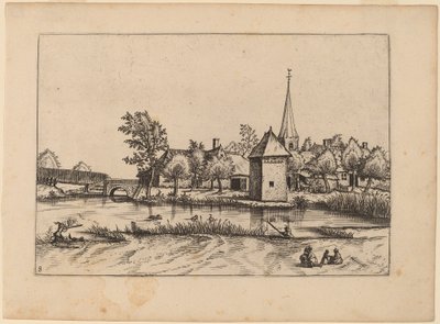 Landsby med kyrka och bro av Johannes van Doetechum, the Elder and Lucas