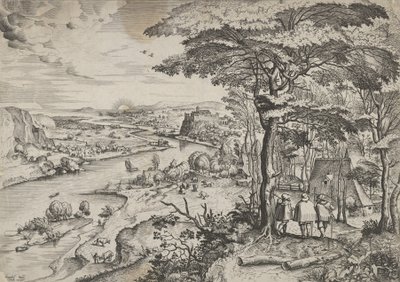 Åker till Emmauslandskap med pilgrimer i Emmaus, ca. 1555-56. Skapare: Johannes van Doetecum I, Lucas van Doetecum. av Johannes and Lucas van Doetecum