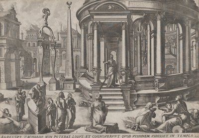Zacharias Stepping out of the Temple, från serien Events in and around the Temple,..., ca. 1572. Skapare: Johannes van Doetecum I, Lucas van Doetecum. av Johannes and Lucas van Doetecum