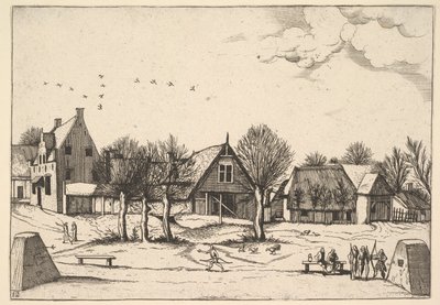 Country Village, bågskyttar i förgrunden från Multifariarum casularum ruriumque linea..., 1559-61. av Johannes van Doetecum I