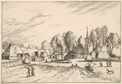 Landsby med kyrktorn från Multifariarum casularum landsbygden har cur..., 1559-61 av Johannes van Doetecum I
