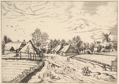 Landsby med postkvarn från Multifariarum casularum curios funktioner..., 1559-61 av Johannes van Doetecum I