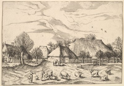 Gårdar, boskap med herdar och mjölkpigor i förgrunden från Multifariarum casularu..., 1559-61. av Johannes van Doetecum I
