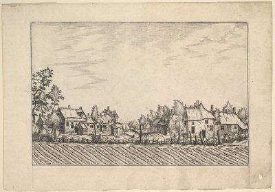 Gårdar, plöjd åker i förgrunden från Praediorum villarum et rusticarum casu..., ca. 1559-61. av Johannes van Doetecum I