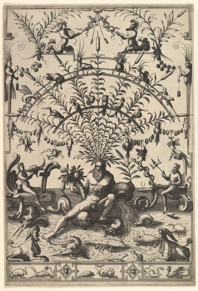 Modern grotesk dekoration med en flodgud, 1557. av Johannes van Doetecum I