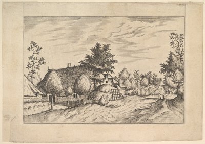 Bygata, hö staplat framför en gård från Praediorum villarum et rusticar..., ca. 1559-61. av Johannes van Doetecum I