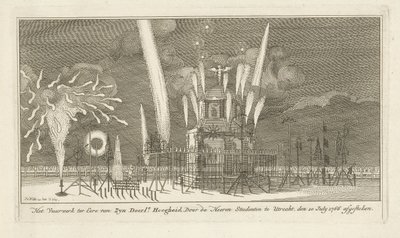 Fyrverkerier vid en paviljong The Fireworks in Honor of Zyn Doorl.e Highness (titel på objekt) av Johannes van Hiltrop