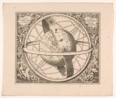 Hemelkaart av jorden enligt Ptolemaeus system Jordens position omgiven av himmelska cirklar (titel på objekt) av Johannes van Loon