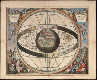 Scenografi av den ptolemaiska kosmografin Från Andreas Cellarius Harmonia Macrocosmica, ca. 1660 av Johannes van Loon