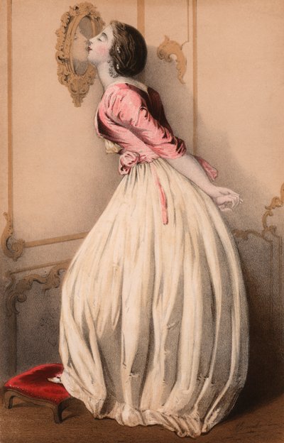 Vacker flicka som kysser sin reflektion i spegeln (färg litho) av John (after) Brandard