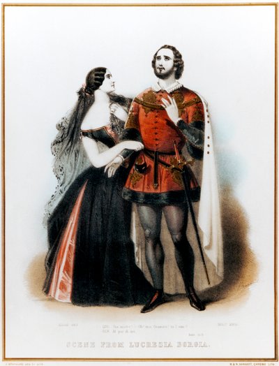 Gaetano Donizettis Opera Lucrezia Borgia - Introduktion till Scene II med Mario (italiensk tenor: 1810-1883) och Grisi (1811-1869) i London, HM Theatre Production, 6 juni av John (after) Brandard