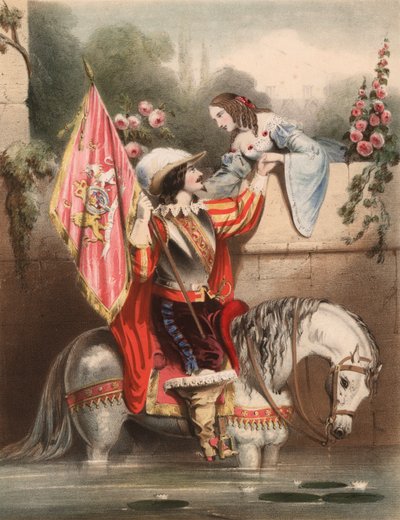Titta över trädgårdsmuren Kate - soldat på en vit häst som möter sin kärlek (färg litho) av John (after) Brandard