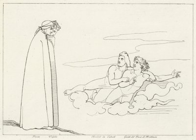Ett samtal med Guido Di Brettinoro, skärselden, Canto 14 (gravyr) av John (after) Flaxman
