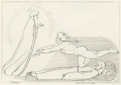 Striden om Guido De Montefeltro, Inferno, Canto 27 (gravyr) av John (after) Flaxman