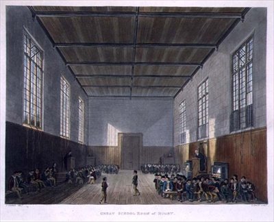 Great School Room of Rugby, från "History of Rugby School", en del av "History of the Colleges", ingraverat av Daniel Havell (1785-1826) pub. av R. Ackermann av John (after) Gendall