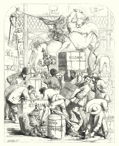 Ankomst av varor som ska ställas ut på den stora utställningen 1851, Crystal Palace, Hyde Park, London (gravyr) av John (after) Gilbert