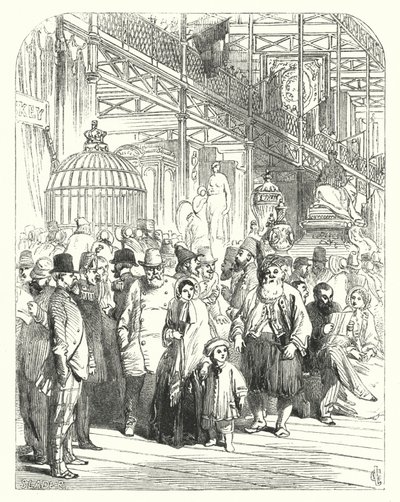 Utställare och besökare i Crystal Palace, Hyde Park, London, platsen för den stora utställningen 1851 (gravyr) av John (after) Gilbert