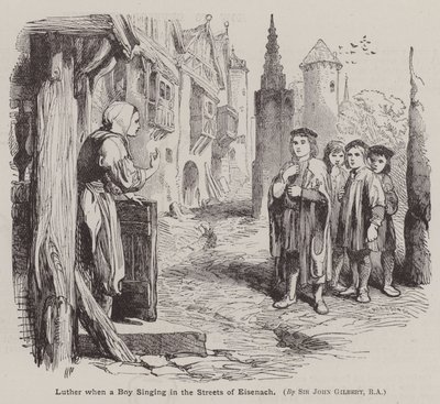 Martin Luther när en pojke sjunger på Eisenachs gator (gravyr) av John (after) Gilbert
