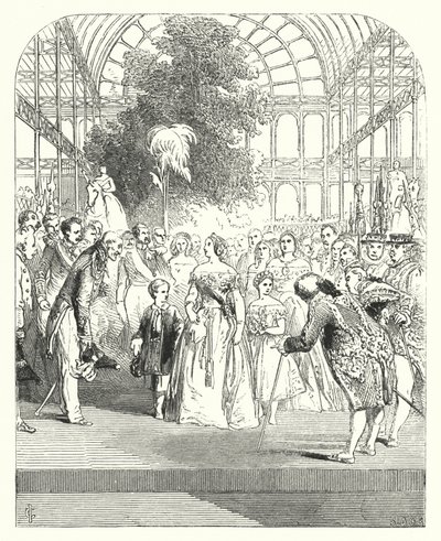Drottning Victoria och hennes barn besöker den stora utställningen 1851, Crystal Palace, Hyde Park, London (gravyr) av John (after) Gilbert