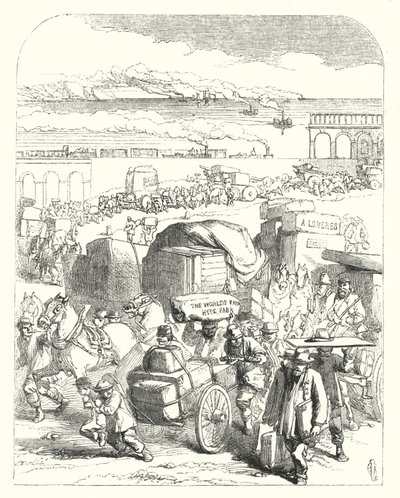 Fartyg och tåg som tar besökare till den stora utställningen 1851, Crystal Palace, Hyde Park, London (gravyr) av John (after) Gilbert