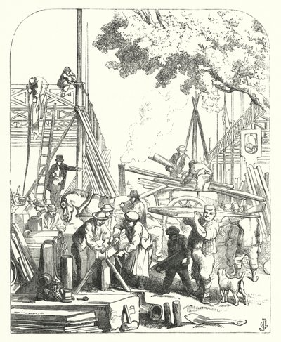Arbetare på platsen för Crystal Palace, Hyde Park, London, plats för den stora utställningen 1851 (gravyr) av John (after) Gilbert