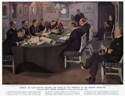 Amiral Sir David Beatty läser villkoren för vapenstilleståndet för de tyska delegaterna, förhytten HMS Queen Elizabeth, Rosyth av John (after) Lavery