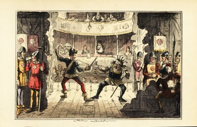 Skådespelare som spelar Henry Tudor slåss mot kung Richard III av England på scen i en teater av John (after) Leech