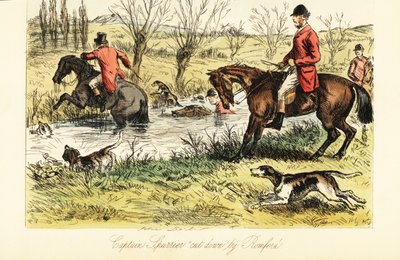 Engelsk jägare som vadar en flod med rävhundar av John (after) Leech