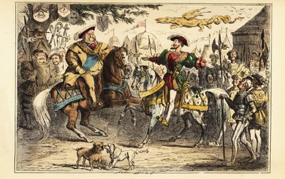 Henrik VIII av England möter Frans I av Frankrike till häst på Gulddukens fält, 7 juni 1520 av John (after) Leech