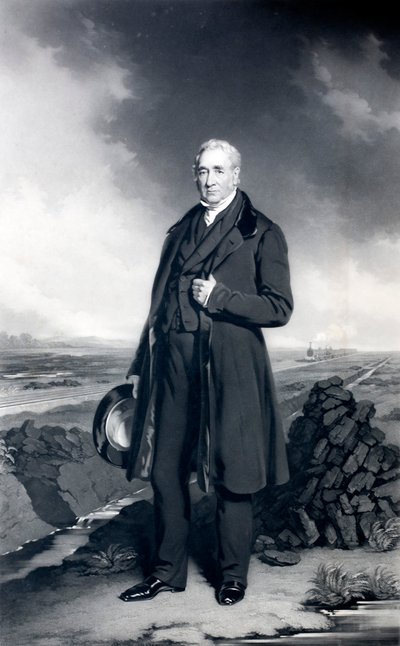 George Stephenson, engelsk ingenjör och järnvägspionjär (litho) av John (after) Lucas