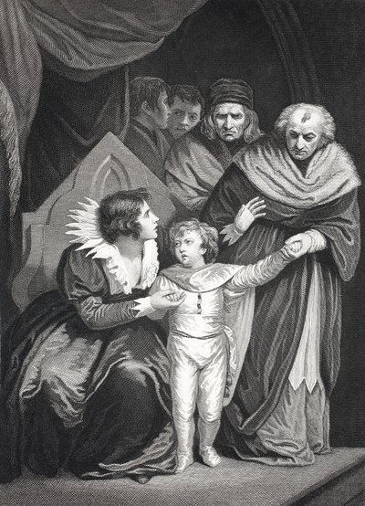 Elizabeth Woodville överlämnar sin son (litho) av John (after) Opie