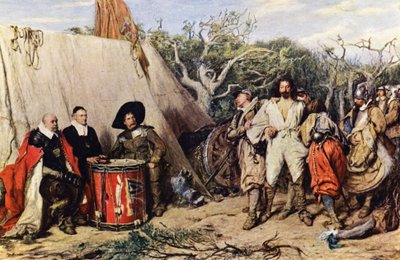 En krigsrätt med trumhuvud (färglitografi) av John (after) Pettie