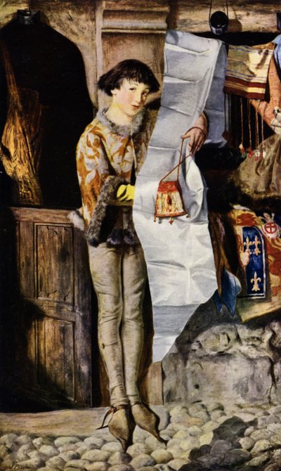 Pojke utanför en drapeributik på medeltiden som marknadsför sina varor (foto) av John (after) Pettie
