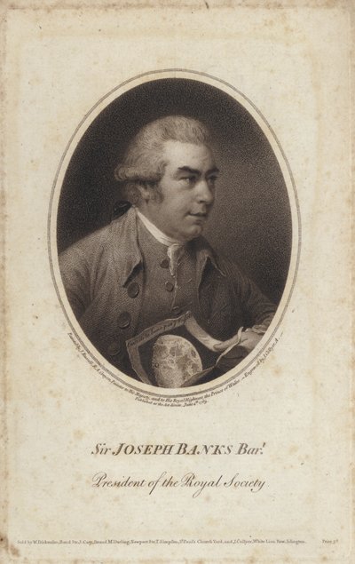 Sir Joseph Banks, engelsk naturforskare, botaniker och president för Royal Society (gravyr) av John (after) Russell