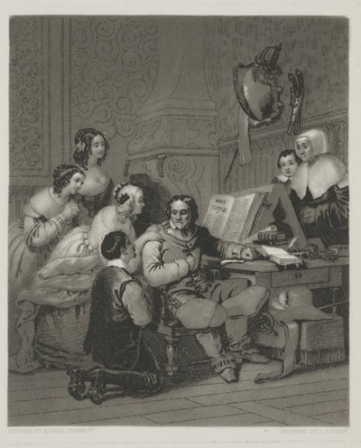 The Family of Cromwell interceding for The Life of Charles I, tryck gjord av Alfred Johannot (mezzotint) av John (after) Sartain