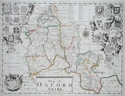 Karta över Oxfordshire, graverad och handfärgad av John Oliver och Richard Palmer, publicerad av Philip Lea, c.1690 (färggravyr) av John (after) Sellar