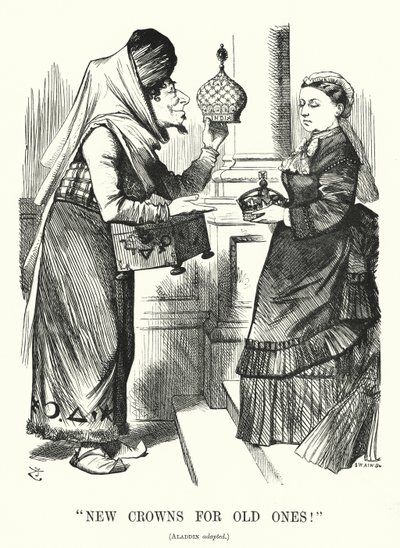 Punch cartoon: New Crowns for Old Ones. Benjamin Disraeli (som Aladdin) med drottning Victoria - lagen om kungliga titlar 1876 som erkänner drottningen som kejsarinna av Indien (gravyr) av John (after) Tenniel