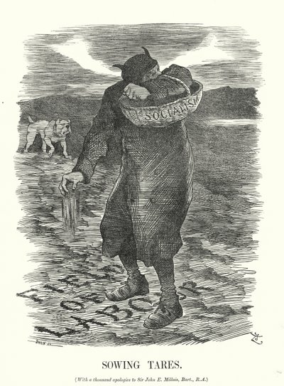 Punch cartoon: Sowing Tares - rädslan för spridningen av socialism bland brittiska arbetare (gravyr) av John (after) Tenniel